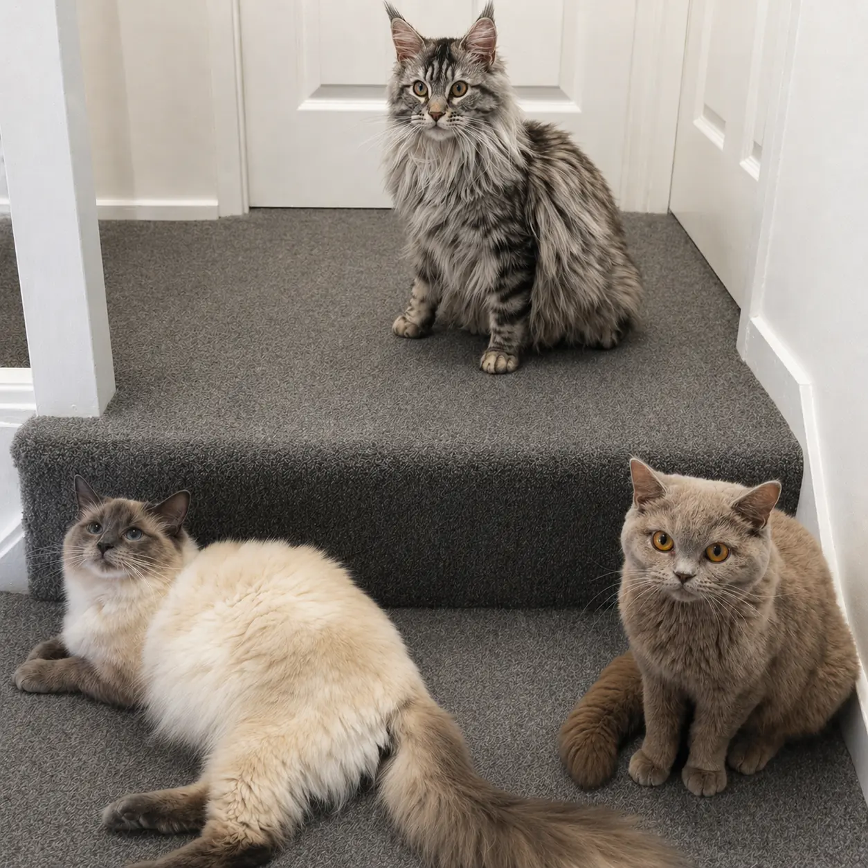 A Maine Coon, a Ragdoll and a British Shorthair sharing space at home
